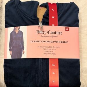 NWT Juicy Couture Dark Blue Velour Hoodie XL Rhinestone Logo Front Pockets